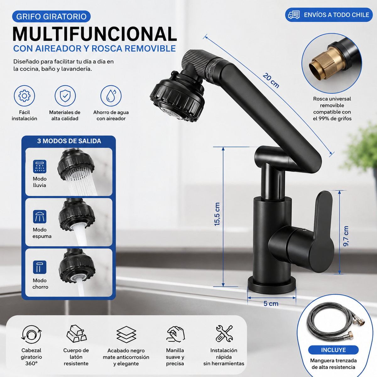 Llave monomando 180° de cocina